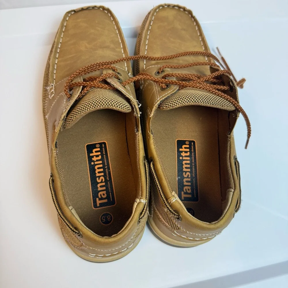 Tansmith Mens Tan Boat Shoes sz 8.5 Boho Casual Lace‎ Up Simulated Leather Mesh